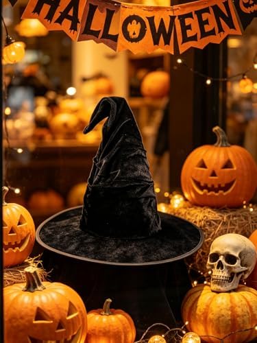 Halloween Witch Hat, Ruched Witches Hats for Women Wizard Hats Halloween Costume Accessories Cosplay Party Decorations Favors