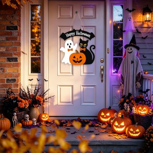 Halloween Welcome Wreath for Front Door Wooden Ghost Black Cat Door Decor