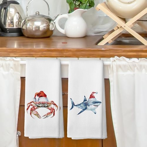 XPH Christmas Beach Kitchen Dish Towels, Crab Shark Gifts for Women, Coastal Crab Shark Christmas Hand Towels Kitchen Tea Towel Decorations, Coastal Xmas Bathroom Decor, 16x24inch Set of 2