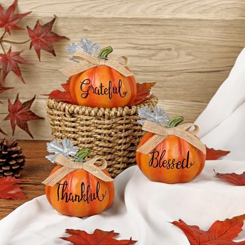 Fall Pumpkins Decoration 3Pcs Resin Pumpkins Thanksgiving Fake Pumpkin Figurines Mini Carved Pumpkin for Home Harvest Halloween Thanksgiving Rustic Farmhouse Table Centerpiece Shelf Mantel