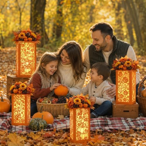 Urlax 4PCS Fall Decorations for Home Thanksgiving Table Centerpiece Box for Floral Arrangements Autumn Harvest Table Decor with Maple Leaves Pumpkin Squirrel Truck Design