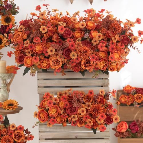 Mixed 8pcs Fall Artificial Peony Hydrangea Bouquet, Burnt Orange Red Silk Faux Flower, Autumn Faux Floral Arrangements for Wedding Table Thanksgiving Outdoor Planters Porch Patio Garden Yard