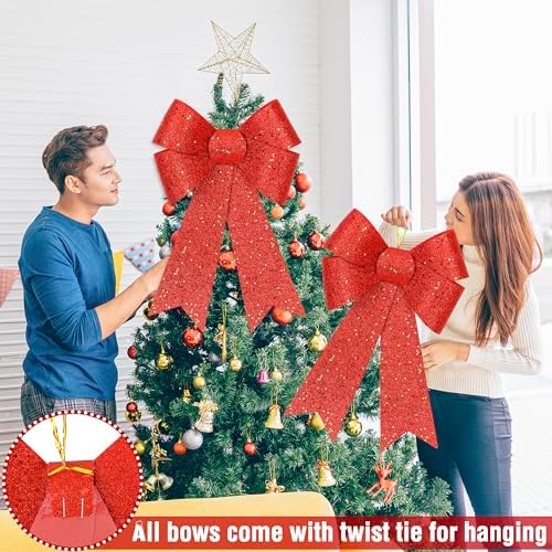 2 PCS Christmas Bows, 12 x 18 IN Christmas Bows Outdoor, Glitter Red Xmas Decorations Velvet PVC Large Christmas Bows Indoor Outdoor Christmas Wreath Bows Hanging Decor for Fence Fireplace Stairs