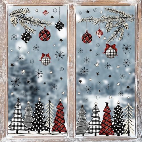Horaldaily 123 PCS Christmas Window Cling Sticker, Black Red Xmas Tree Snow for Home Party Supplies Shop Window Glass Display Decoration