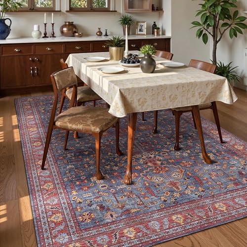 Washable Area Rug 4' x 6' Vintage Traditional Persian Mat - Foldable Distressed Non-Slip Machine Washable Carpet for