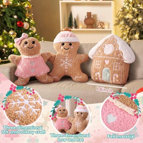 Konohan 3 Pcs Christmas Gingerbread Man House Throw Pillows Xmas Pillows