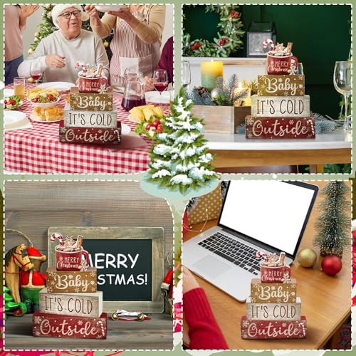 Moucuny 4 Pcs Christmas Table Decorations Indoor, Hot Cocoa Wood Block Sign