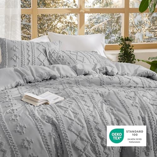 Bedsure Tufted Boho Comforter Set Queen Size - Light Grey Boho Bed Set, GentleSoft™ 3 Pieces Farmhouse-Style Embroidery