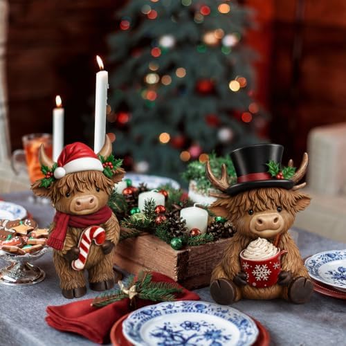 Simgoing 2 Pcs Christmas Highland Cow Figurines Resin Santa Reindeer Cow