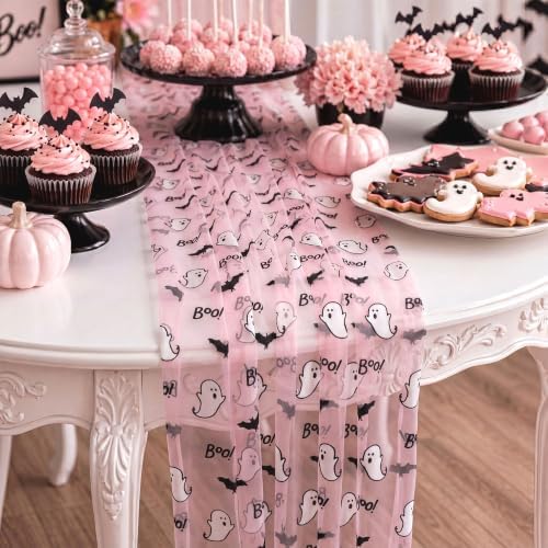 4 Pcs Pink Halloween Table Runners 29 x 70 in Ghosts Bats Party Decor