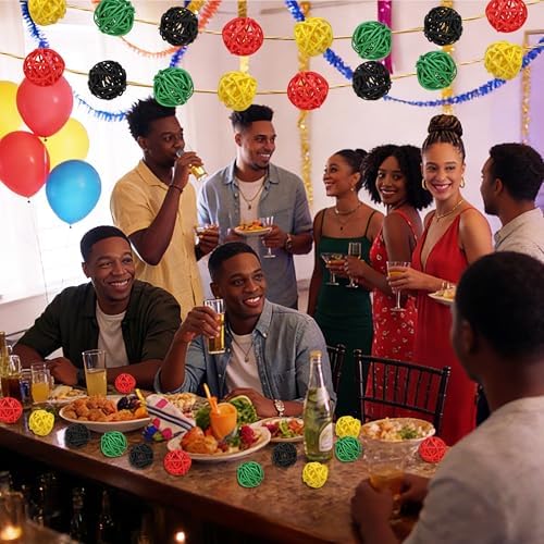 Lucleag 32Pcs Black Red Green Yellow Natural Rattan Balls Ornament Vase Filler, African American Wicker Hanging Decor for Black History Month Juneteenth Kwanzaa Tree Home Table Decor Party Supplies