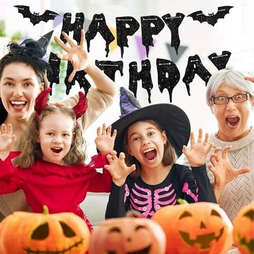 Glitter Black Glitter Happy Birthday Halloween Banner- NO DIY - Halloween Hanging Paper Garland Bunting Banner Decorations, Party Supplies for Kids Boy Girl Birthday