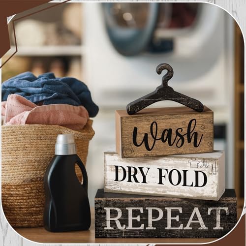 Moucuny 4 Pcs Farmhouse Laundry Room Decor Stacked Blocks Rustic Home Decor