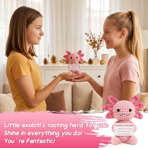 Pink Positive Crochet Axolotl Gift - Handmade Knitted Axolotl Plush with Gift Box Card for Girl, Women, Friends, Coworker, Emotional Support Crochet Animals Gifts for Birthday Graduation Desk Decor