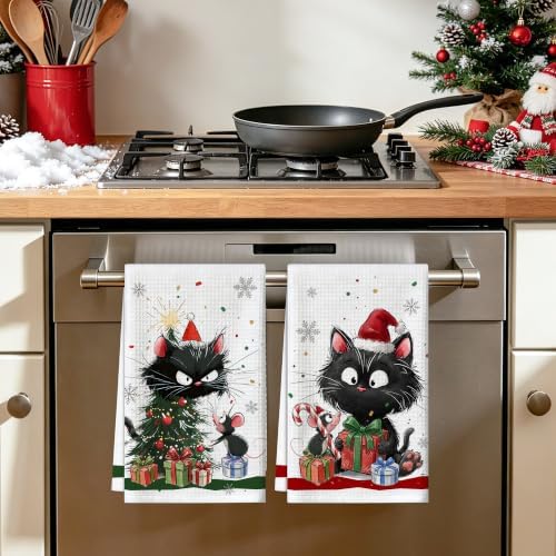 Christmas Kitchen Towels Set of 2 Holiday Decor Cat Hand Towels 16x26 Inch