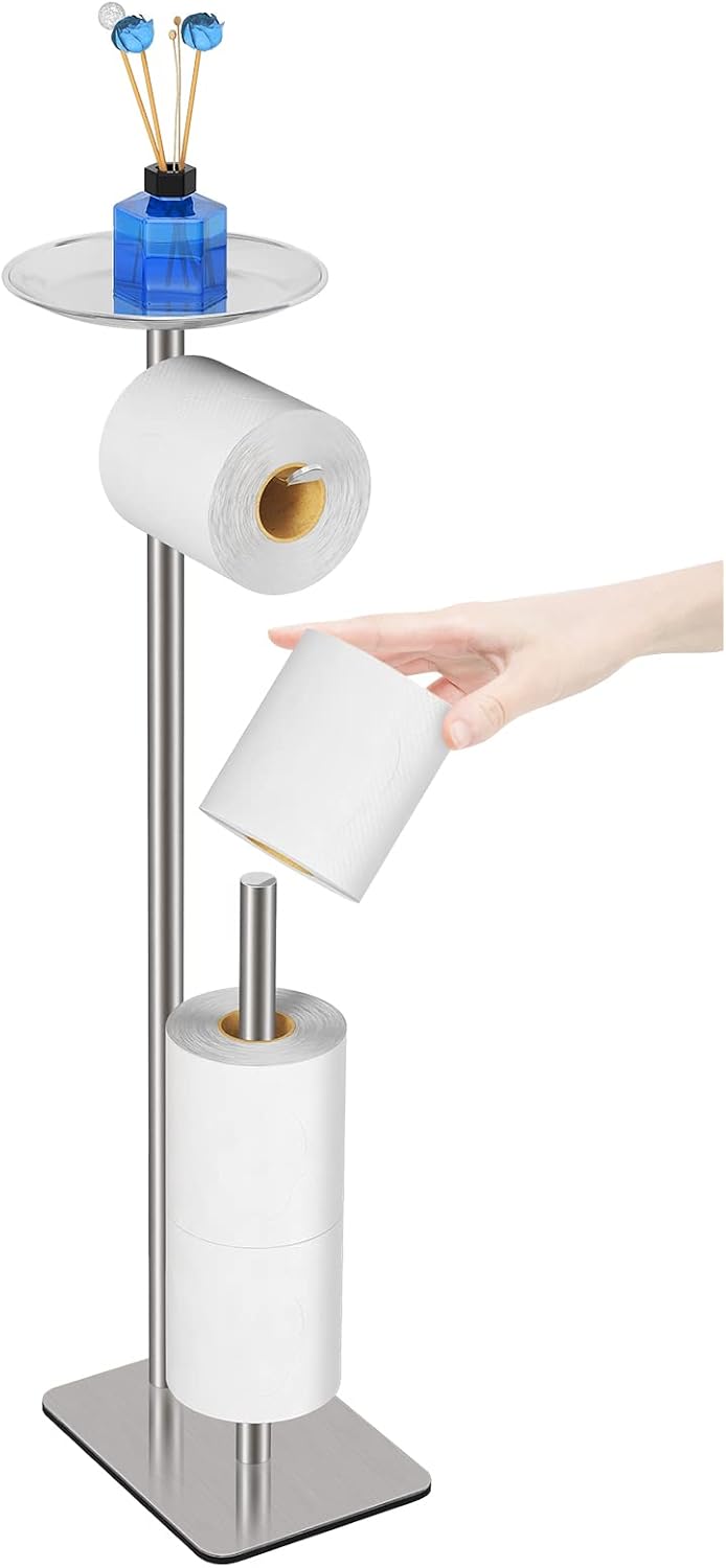 FEILERN Toilet Paper Holder Stand for Bathroom Floor Standing Toilet Roll Dispenser Storages 4 Reserve Rolls, with Top