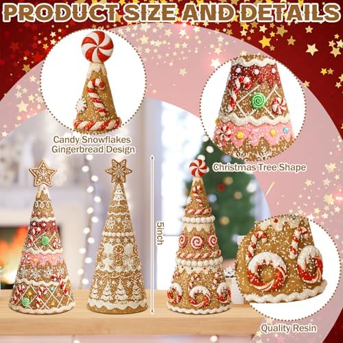 Simgoing 3 Packs Gingerbread Christmas Tree Figurines Resin Tabletop Decor