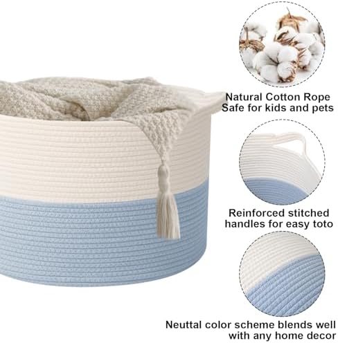 65L Extra Large Woven Blanket Basket, Laundry Basket-White&Blue