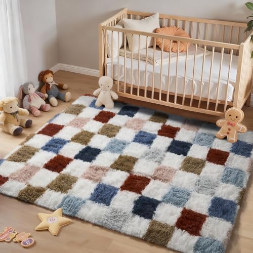Ophanie Checkered Rainbow Rug for Living Room Bedroom,Colorful Fluffy Soft Cute Fuzzy Area Rugs,Shag Plush Shaggy