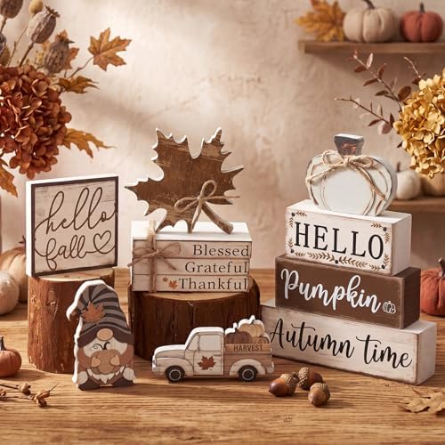 11 Pcs Fall Decorations Set Wooden Pumpkin Maple Leaf and Gnome Signs for Indoor Seasonal Display Cute Rustic Art for Home Cafe Harvest Party Favors and Thoughtful Gift Idea