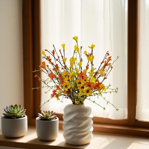 RHN Fall Decorations for Home,6 Pcs Fall Flowers Artificial with Daisies Forsythia Flowers Berry Leaf Stem for Autumn Harvest Thankgiving Home Table Vase Centerpiece Decor（Yellow Orange）