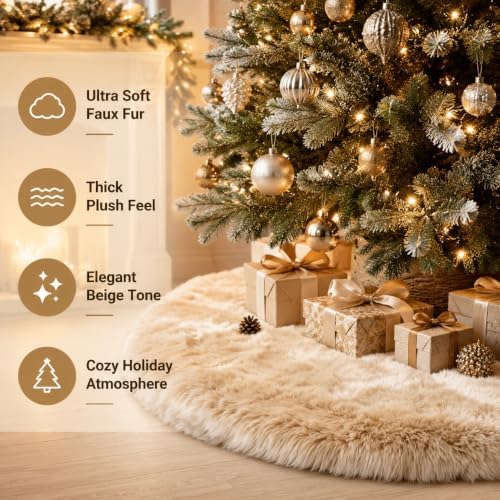 AOGU 48 Inch Faux Fur Christmas Tree Skirt Beige Plush Skirt for Merry Christmas Party Christmas Tree Decoration