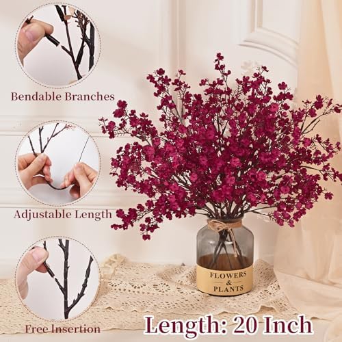 15 Pcs Fall Flowers, Real Touch Babys Breath Artificial Flowers, Burgundy