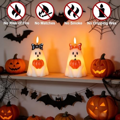 Halloween Ghost Flameless Candles with 6H Timer Hand-Painted Bows