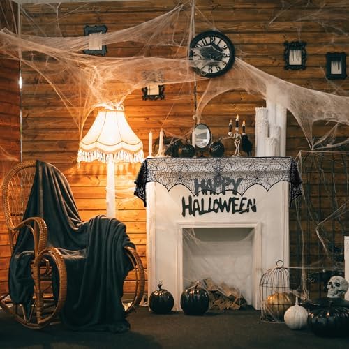 Halloween Mantel Scarf Black Lace Spiderweb for Fireplace Decor Halloween Decorations Indoor Fireplace Scarf(18 x 96 inch)(Black)