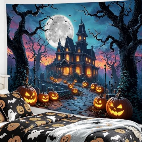 LB Spooky Halloween Tapestry for Bedroom, Horror Pumpkin Ghost Castle Wall Tapestry, Black Dead Tree Bat Moon Night Extra Large Tapestries Wall Hanging for Living Room Dorm Decor, 92Wx70.5H inches