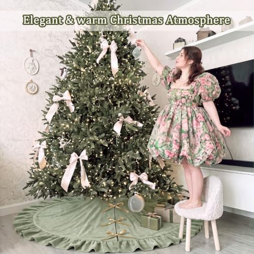Velvet Christmas Tree Skirt, 60 Inches, Bow Style, Sage Green