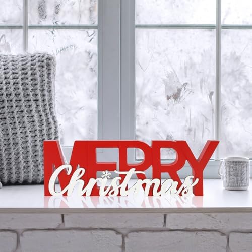 COCHIE Wooden Merry Christmas Sign, Winter Decorations for Home, Office, Shelf, Mantel, Indoor, Wood Snowflake Decor, Red White Table Top Party Decoration (Merry Christmas)