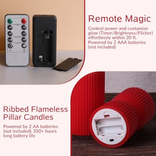 Red Ribbed Flameless Pillar Candles with Remote Set of 2