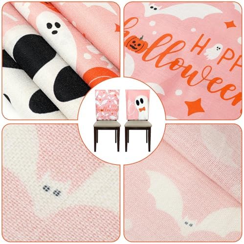 JarThenaAMCS 4 Pcs Halloween Chair Back Covers Pink Ghost Pumpkin Bat Dining Chair Slipcover Removable Seat Protector Cover for Home Kitchen Decorations
