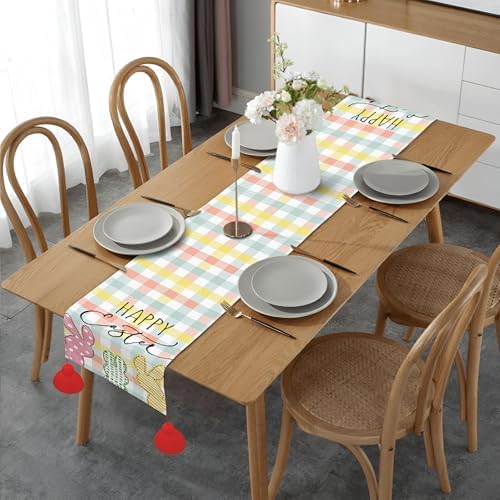 Niviy Buffalo Plaid Rabbit Bunny Happy Easter Table Runner, Check Stripes Kitchen Table Decor, Spring Kitchen Dining Table Decoration for Home Party Decor 13x108 Inch