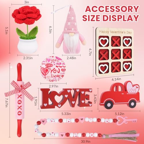 8 PCS Valentine's Day Tiered Tray Decor, Valentine Home Decor for Table,Wooden with LOVE and Car,Handmade Crochet Rose, XOXO Rolling Pin, Gnome, Farmhouse Fireplace Mantle Decor , Home Kitchen Decorations Valentines Day Gift Idea