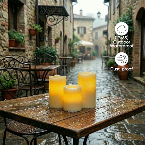 Amagic Outdoor Waterproof Flameless Candles with Timer, Battery Operated Candles with Remote Control, D3 x H4 5" 6" Electric LED Pillar Candle for Outside Patio, Garden, Indoor Decor, Ivory, Set of 3