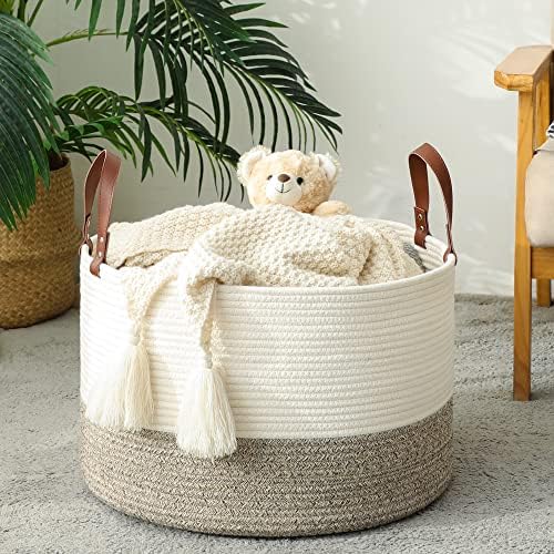 KAKAMAY Large Blanket Basket (20"x13"),Woven Baskets for storage Baby Laundry Hamper,Cotton Rope Blanket Basket for
