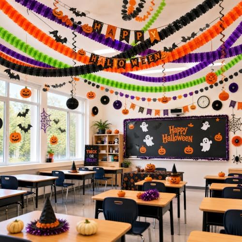 16Pcs Halloween 4-Leaf Clover Paper Streamer Garland - Black Orange Purple