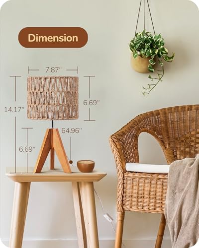 EDISHINE Rattan Small Table Lamp, Boho Nightstand Lamp, 14.2", E26 Base