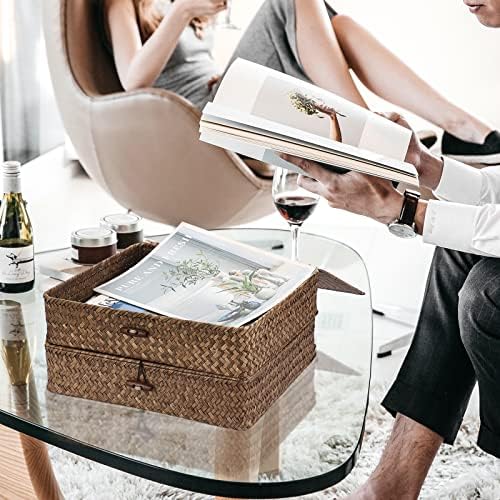 Hipiwe 2 Packs FLat Woven Wicker Basket Bin with Lid, Large Seagrass Baskes