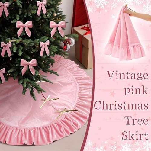 Velvet Christmas Tree Skirt, 48 Inches, Bow Style, Pink