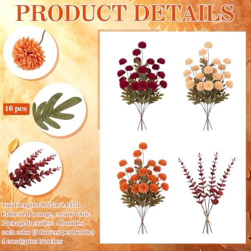 16Pcs Fall Flowers Artificial for Decorations Fake Mums Fall Decor for Home