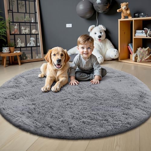 OLANLY Light Grey Round Rugs for Bedroom - Machine Washable, 4 ft Circle Area Rugs for Living Room, Soft and Fluffy