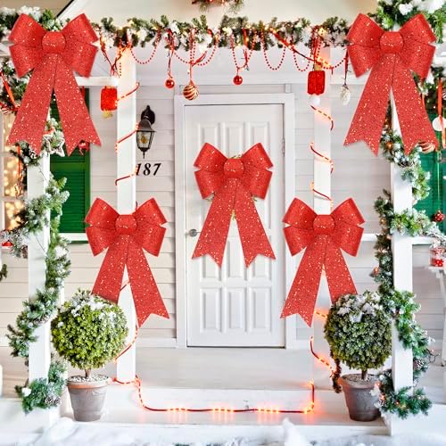 2 PCS Christmas Bows, 12 x 18 IN Christmas Bows Outdoor, Glitter Red Xmas Decorations Velvet PVC Large Christmas Bows Indoor Outdoor Christmas Wreath Bows Hanging Decor for Fence Fireplace Stairs