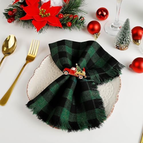 Christmas Car and Tree Napkin Rings Set of 6, Gnomes Xmas Truck and Tree Festive Holiday Red and Green Napkin Rings Holder for Christmas,Thanksgiving,Dinner Party Table Decoration