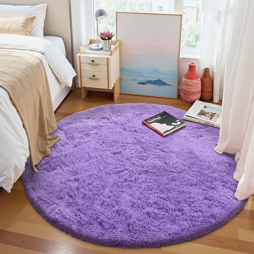 OLANLY Purple Round Rugs for Bedroom - Machine Washable, 8 ft Circle Area Rugs for Living Room, Soft and Fluffy Shaggy