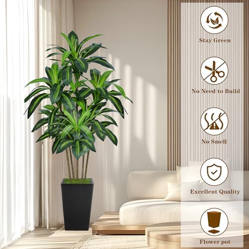 Flydeer 6FT Artificial Dracaena Tree with Tall Black Planter, Floor Plant