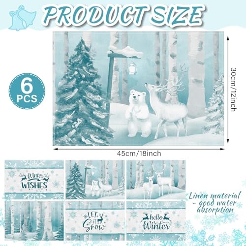 Hushee 6 Pcs Christmas Placemats Elk Winter Washable 12x18 Inch