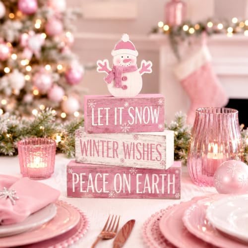 Colingmill 4 Pcs Pink Snowman Christmas Table Decor Winter Wooden Snowman